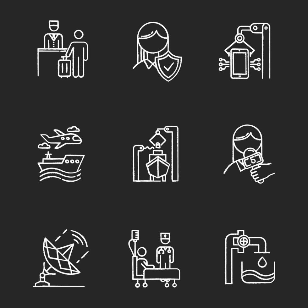 Industry types chalk icons set. Life insurance. Hospitality industry. Electronics production. Transport, shipbuilding. News, media. Healthcare. Steel industry. Isolated vector chalkboard illustrations