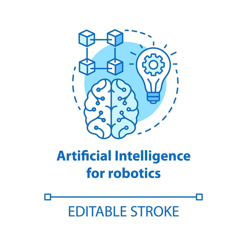 Artificial intelligence for robotics blue concept icon. Smart computer system idea thin line illustration. Machine knowledge. Thinking and analysing. Vector isolated outline drawing. Editable stroke