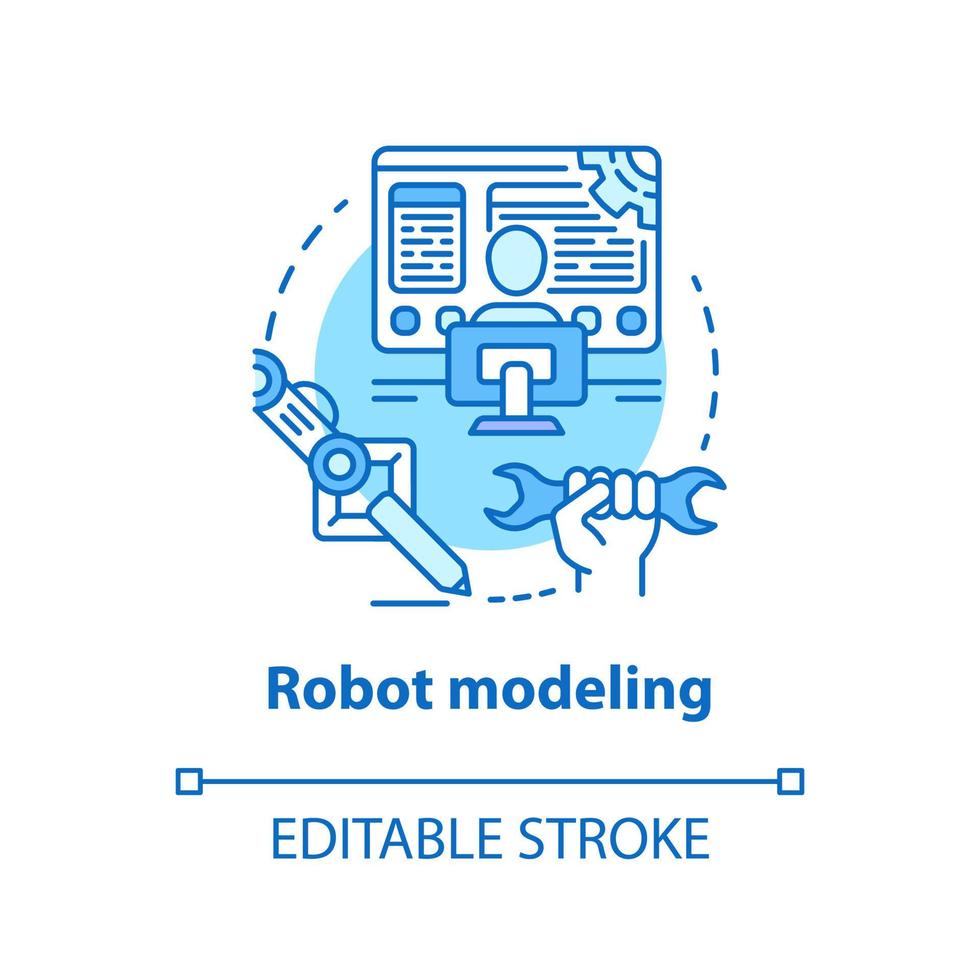 Robot modeling blue concept icon. Creating computers idea thin line illustration. Making design of electronics, devices. Developing robotics. Vector isolated outline drawing. Editable stroke