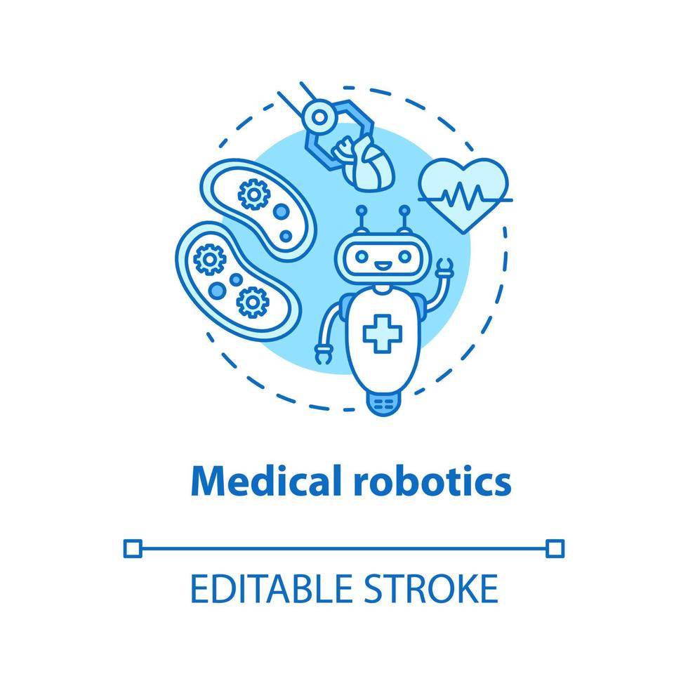 Medical robotics concept blue icon. Health care computer machines idea thin line illustration. Types of robots. Innovative hospital system. Vector isolated outline drawing. Editable stroke