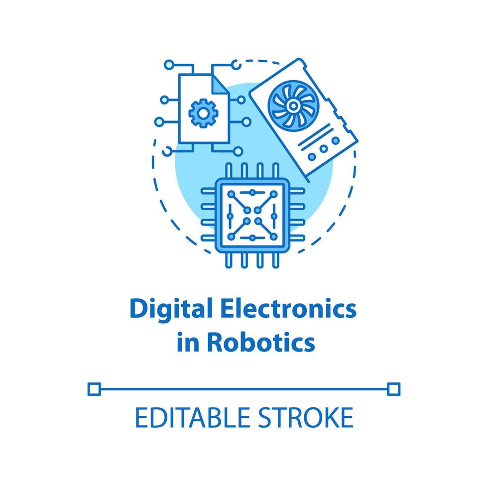 Digital electronics in robotics blue concept icon. Computer chip and microscheme idea thin line illustration. Processor, hardware element. Vector isolated outline drawing. Editable stroke