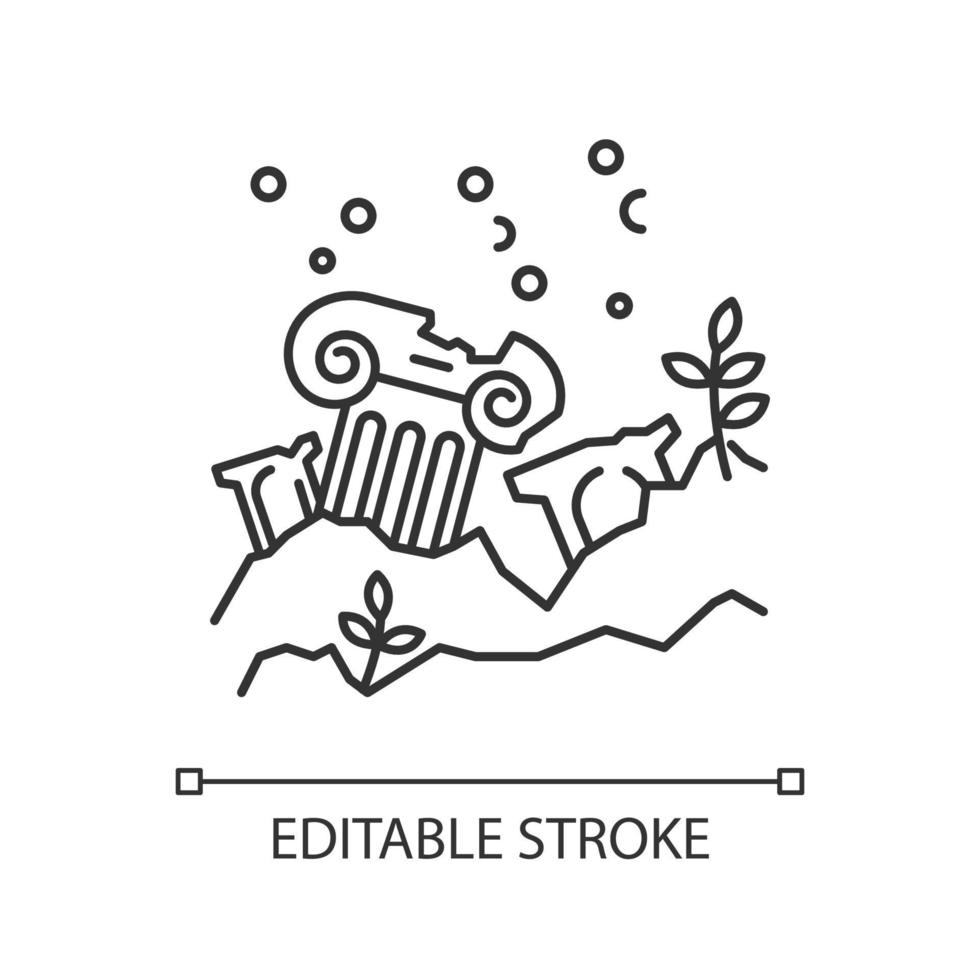 Lost city linear icon. Ancient ruins in ocean. Columns underwater. Damaged pillar on sea bottom. Lost city. Thin line illustration. Contour symbol. Vector isolated outline drawing. Editable stroke