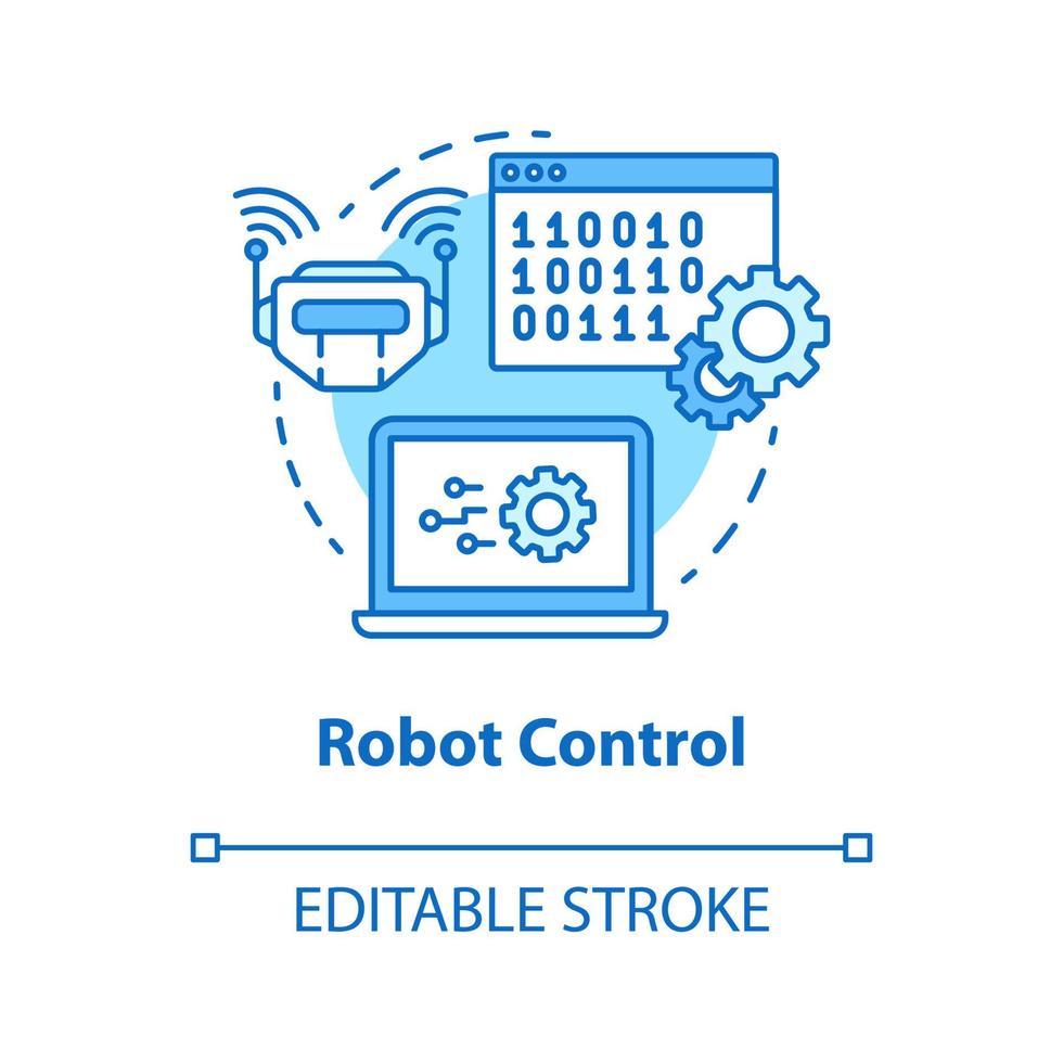 Robot control blue concept icon. Robotics system idea thin line illustration. Software and binary code. Information technology and programming. Vector isolated outline drawing. Editable stroke