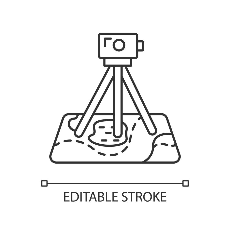 Field survey linear icon. Research equipment. Archeological examination. Digital tool on map. Topographic data. Thin line illustration. Contour symbol. Vector isolated outline drawing. Editable stroke