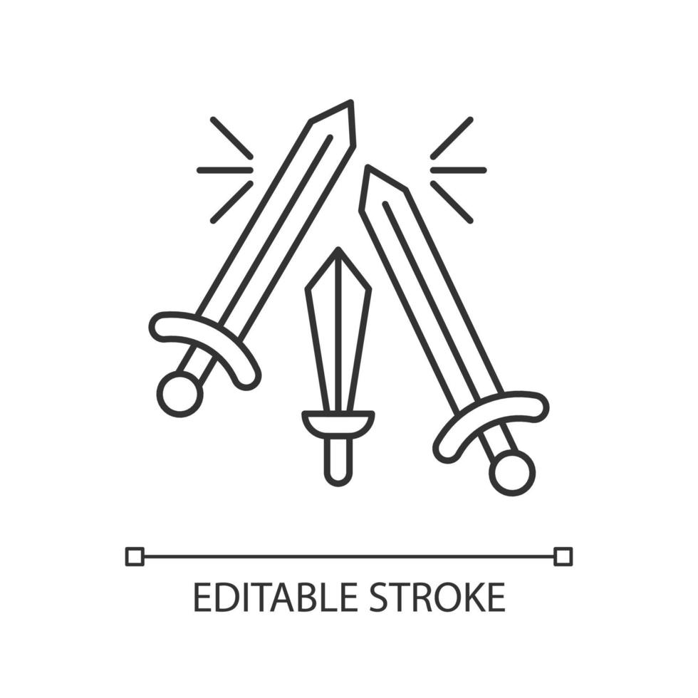 Sword fighting linear icon. Weapon clashing. Ancient history. Longswords and broadswords. Medieval culture. Thin line illustration. Contour symbol. Vector isolated outline drawing. Editable stroke