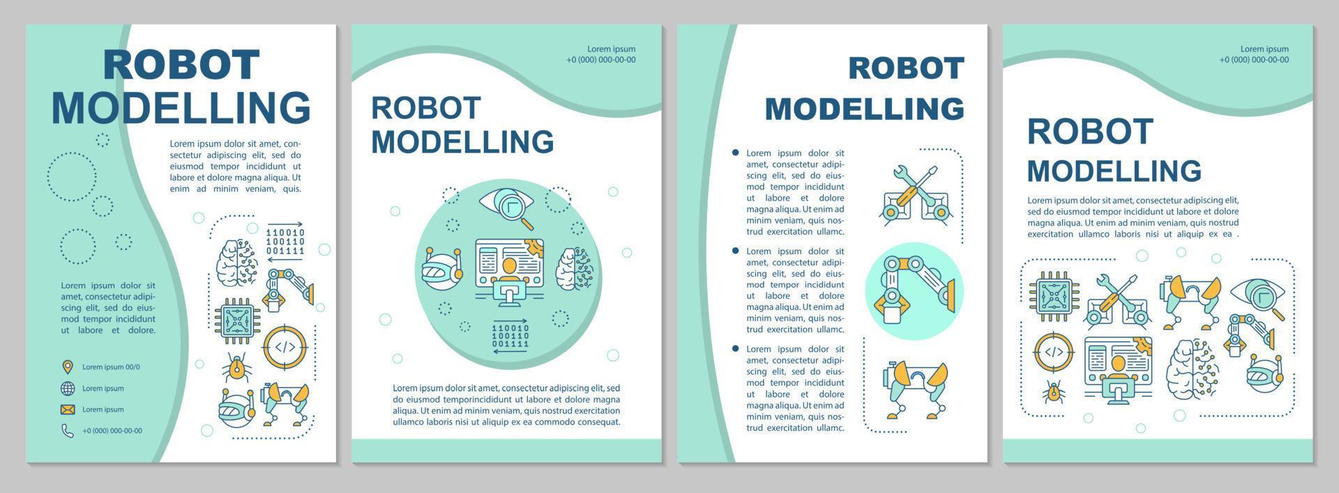Robot modelling brochure template. Engineering and robotization. Flyer, booklet, leaflet print, cover design with linear illustrations. Vector page layouts for magazines, reports, advertising posters
