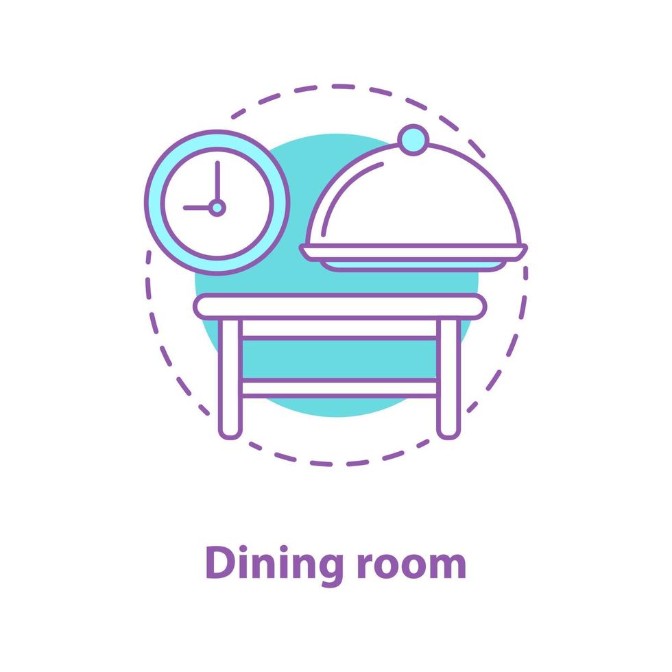 icono del concepto de comedor. Ilustración de línea fina de idea de hora de cena. bandeja con tapa, mesa y sillas. dibujo de contorno aislado vectorial vector