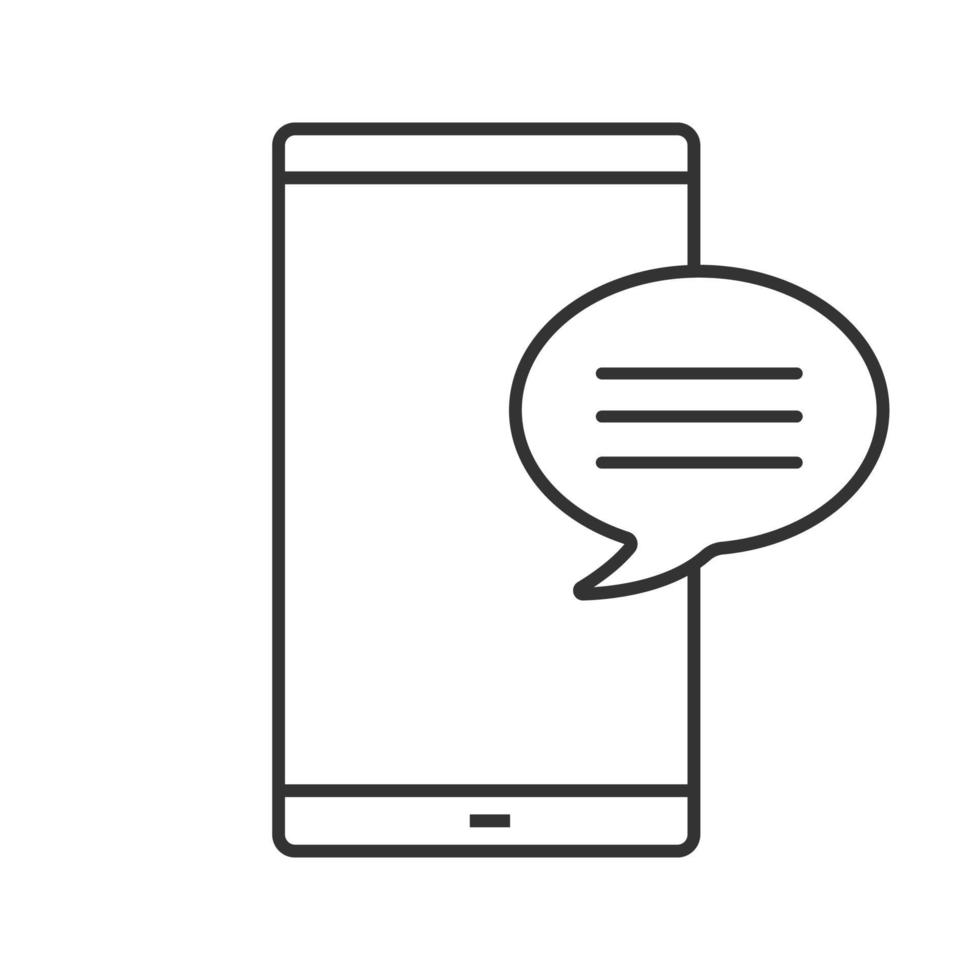 Smartphone with speech bubble linear icon. Thin line illustration. SMS, notification, message. Online chat. Forum. Contour symbol. Vector isolated outline drawing