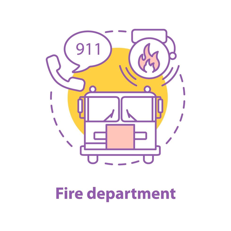 Fire department concept icon. Firefighting idea thin line illustration. Fire emergency call, truck, alarm. Vector isolated outline drawing