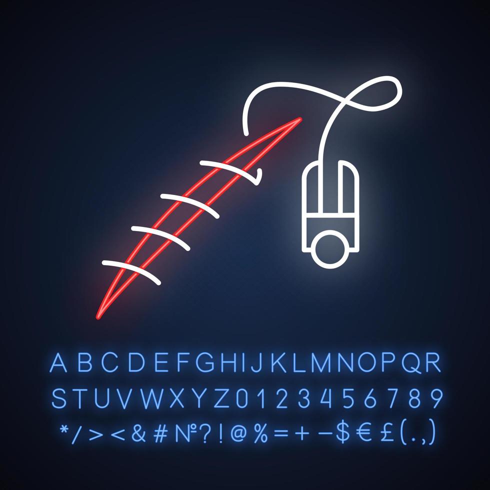 Stitching neon light icon. Suture device. Medical surgical procedure. Wound treatment. First aid. Injury. Health care. Glowing sign with alphabet, numbers and symbols. Vector isolated illustration