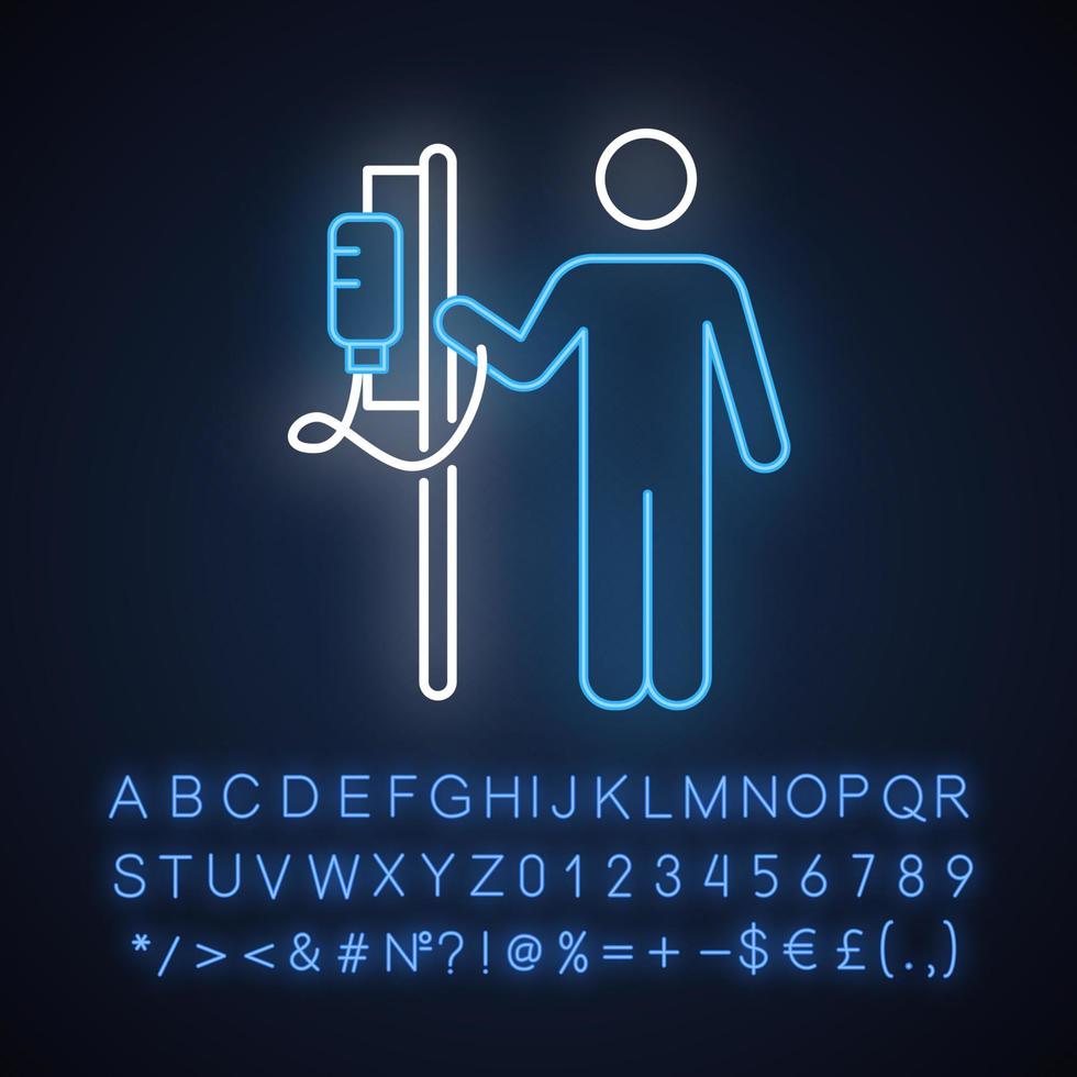 Dropper neon light icon. Medical procedure. Healthcare. Hospitalization. Infusion. Postsurgical recovery. Glowing sign with alphabet, numbers and symbols. Vector isolated illustration