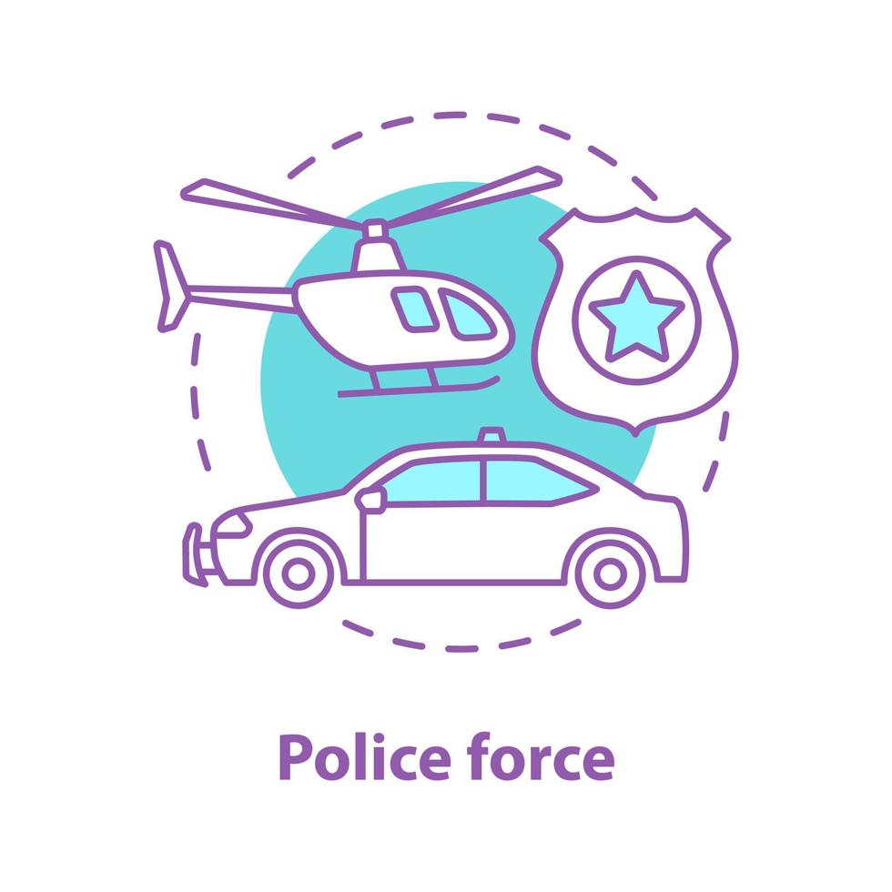 icono del concepto de fuerza policial. Ilustración de línea fina de idea de aplicación de la ley. coche de policía, helicóptero, placa. dibujo de contorno aislado vectorial vector