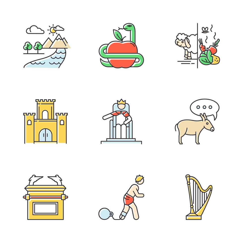 Bible narratives color icons set. Adam and Eve, Solomon Temple myths
