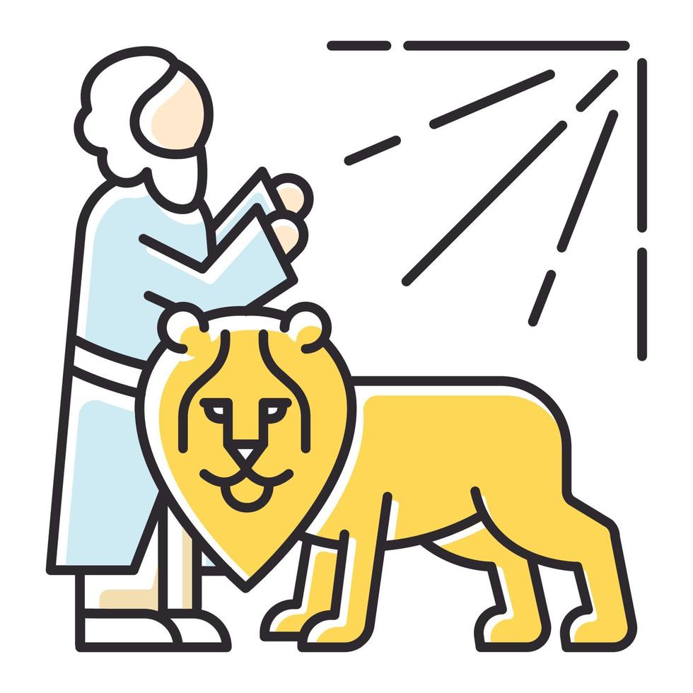 Daniel en el icono de color de la historia bíblica de la guarida del león. héroe legendario rezando. leyenda religiosa. religión cristiana, libro sagrado de daniel escena trama. narrativa bíblica. ilustración vectorial aislada vector