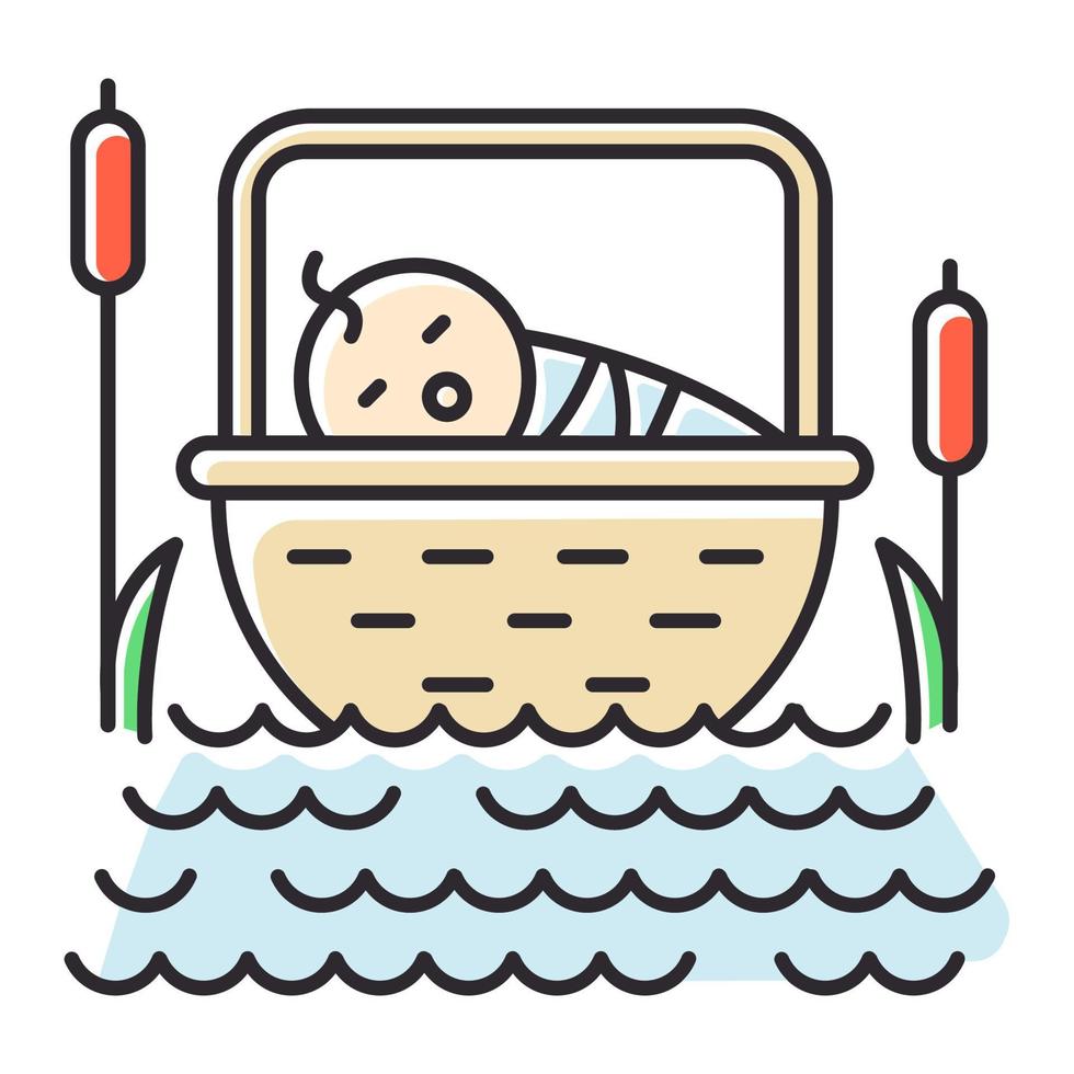 The Birth of Moses Bible story color icon. Newborn in basket. Hebrew prophet Religious legend. Christian religion, holy book scene plot. Exodus Biblical narrative. Isolated vector illustration