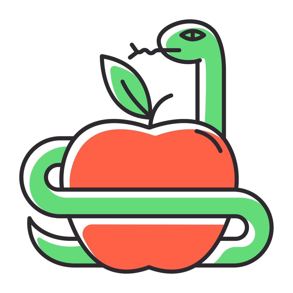 Icono de color de la historia bíblica de Adán y Eva. fruta prohibida. serpiente y manzana. leyendas religiosas. religión cristiana, trama de la escena del libro sagrado. narrativas bíblicas. ilustración vectorial aislada vector