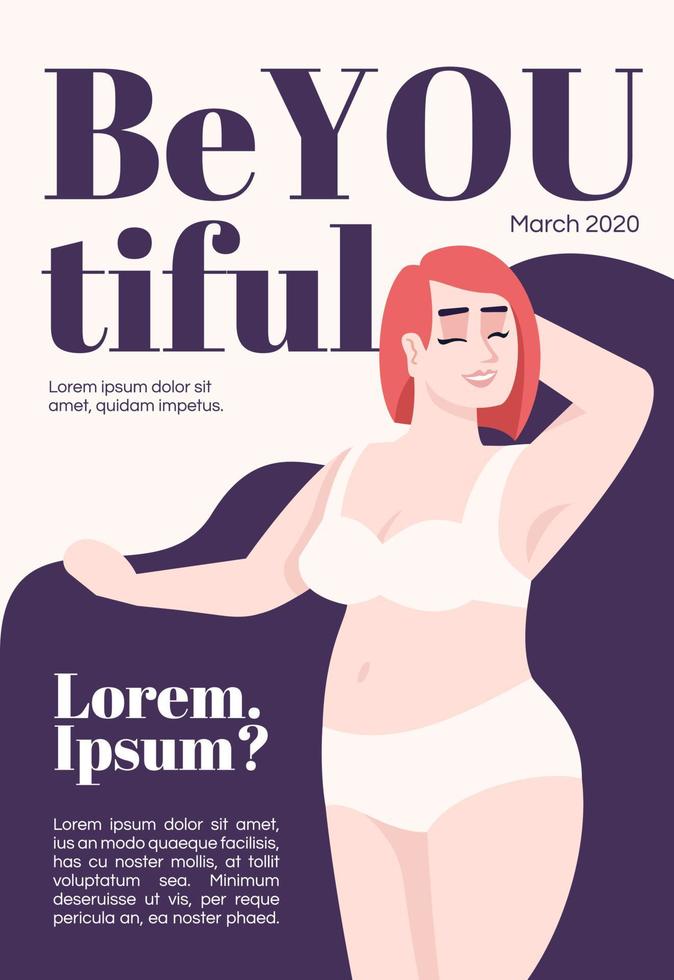 Body positive magazine cover template. Journal mockup design. Vector page layout, flat character. Plus size model. Caucasian smiling woman in lingerie advertising cartoon illustration, text space