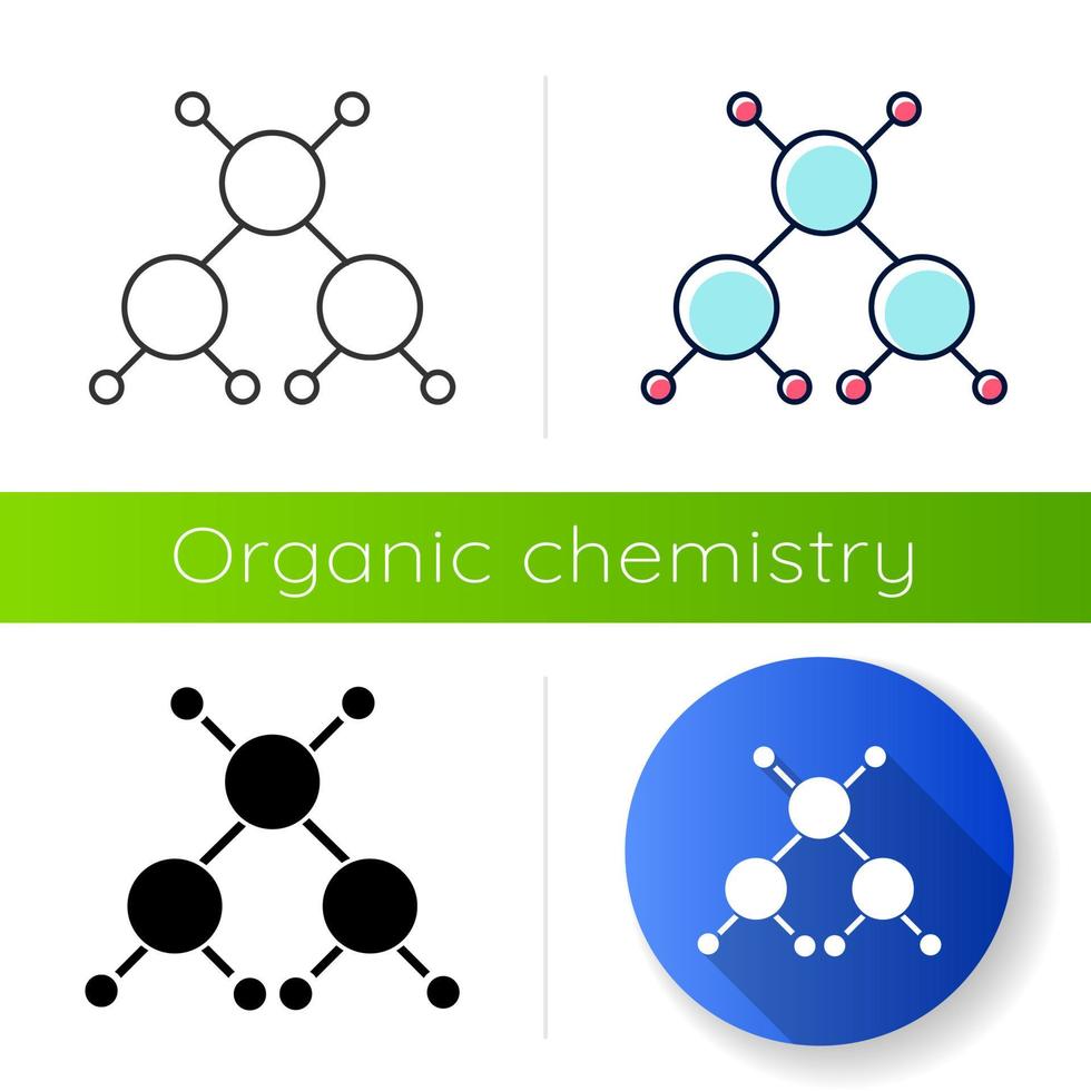 Molecule flat design long shadow icon. Crystal structure. Molecular ball and stick model. Organic chemistry. Atom modeling. Flat design, linear, black and color styles. Isolated vector illustrations