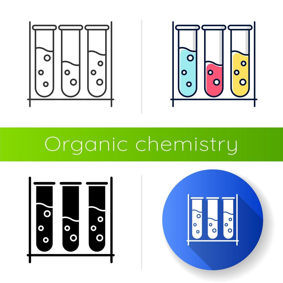 Test tubes icon. Organic chemistry. Laboratory work. Interaction with chemicals. Scientific practice, research. Flat design, linear, black and color styles. Isolated vector illustrations