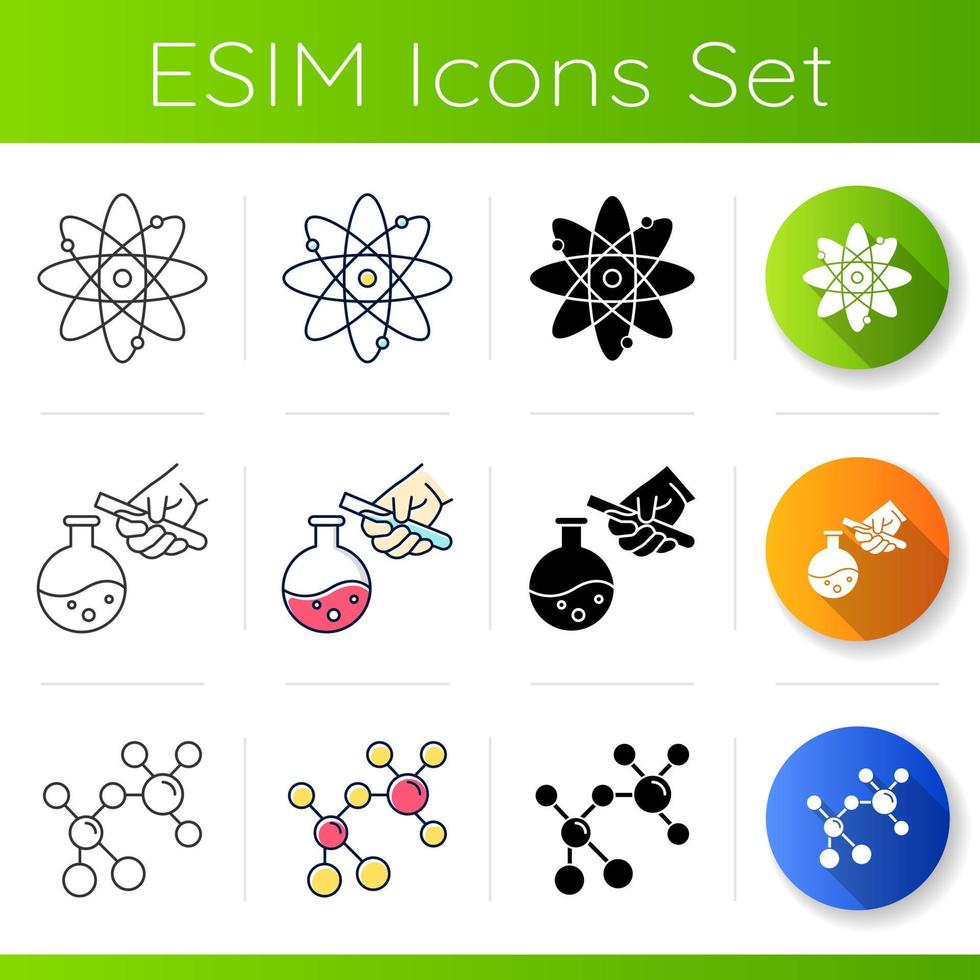 Science symbol icons set. Lab experiments. Chemical synthesis. Molecule atom. Organic chemistry research. Flat design, linear, black and color styles. Isolated vector illustrations