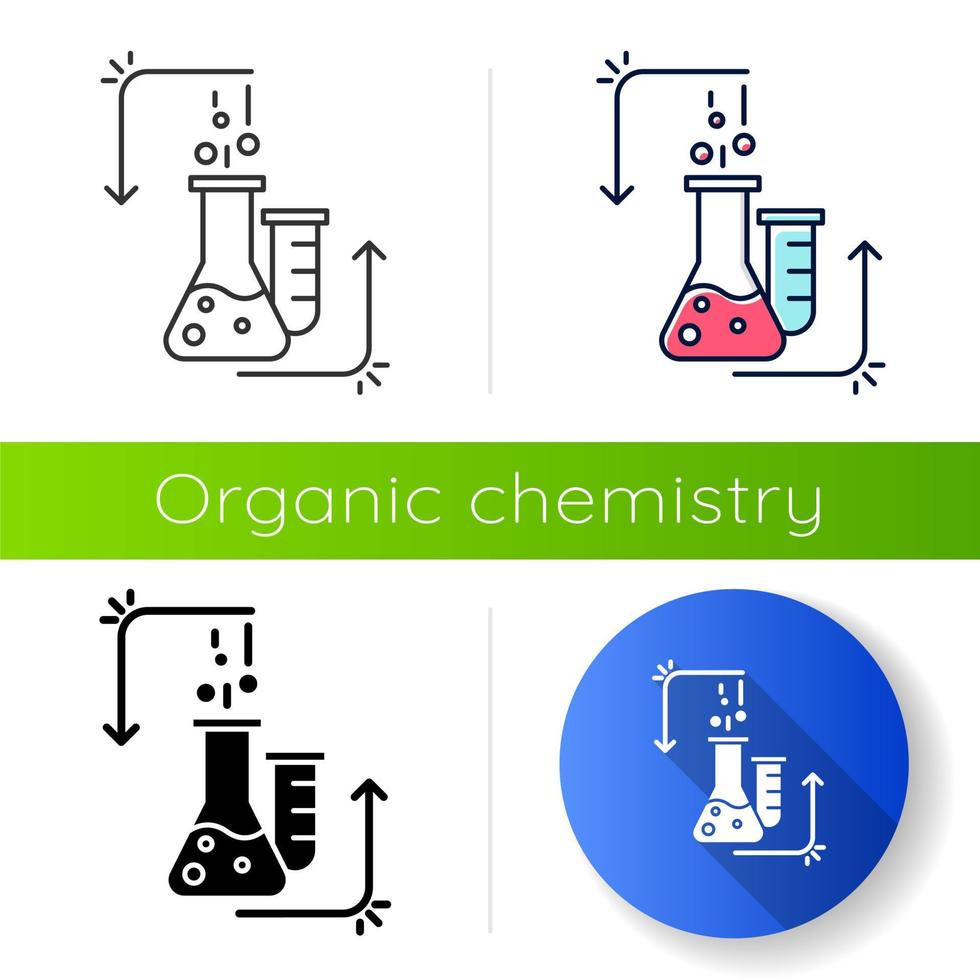 Chemical reaction in lab flask icon. Organic chemistry. Conducting experiment. Laboratory work. Interaction with chemicals. Flat design, linear, black and color styles. Isolated vector illustrations