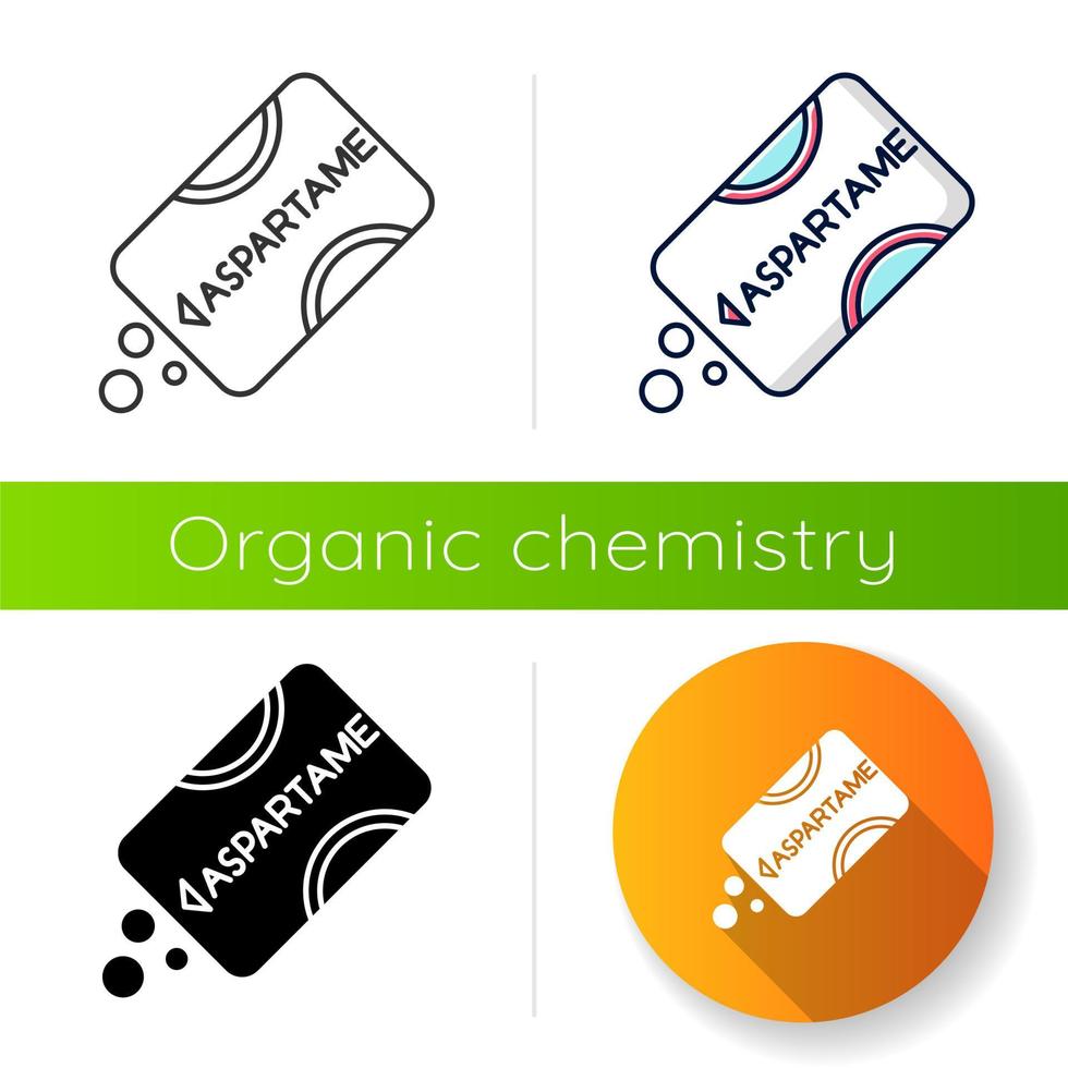 Aspartame icon. Low calorie additive. Artificial sweetener. Sugar substitude. Organic chemistry product. Sugar alternative. Flat design, linear, black and color styles. Isolated vector illustrations