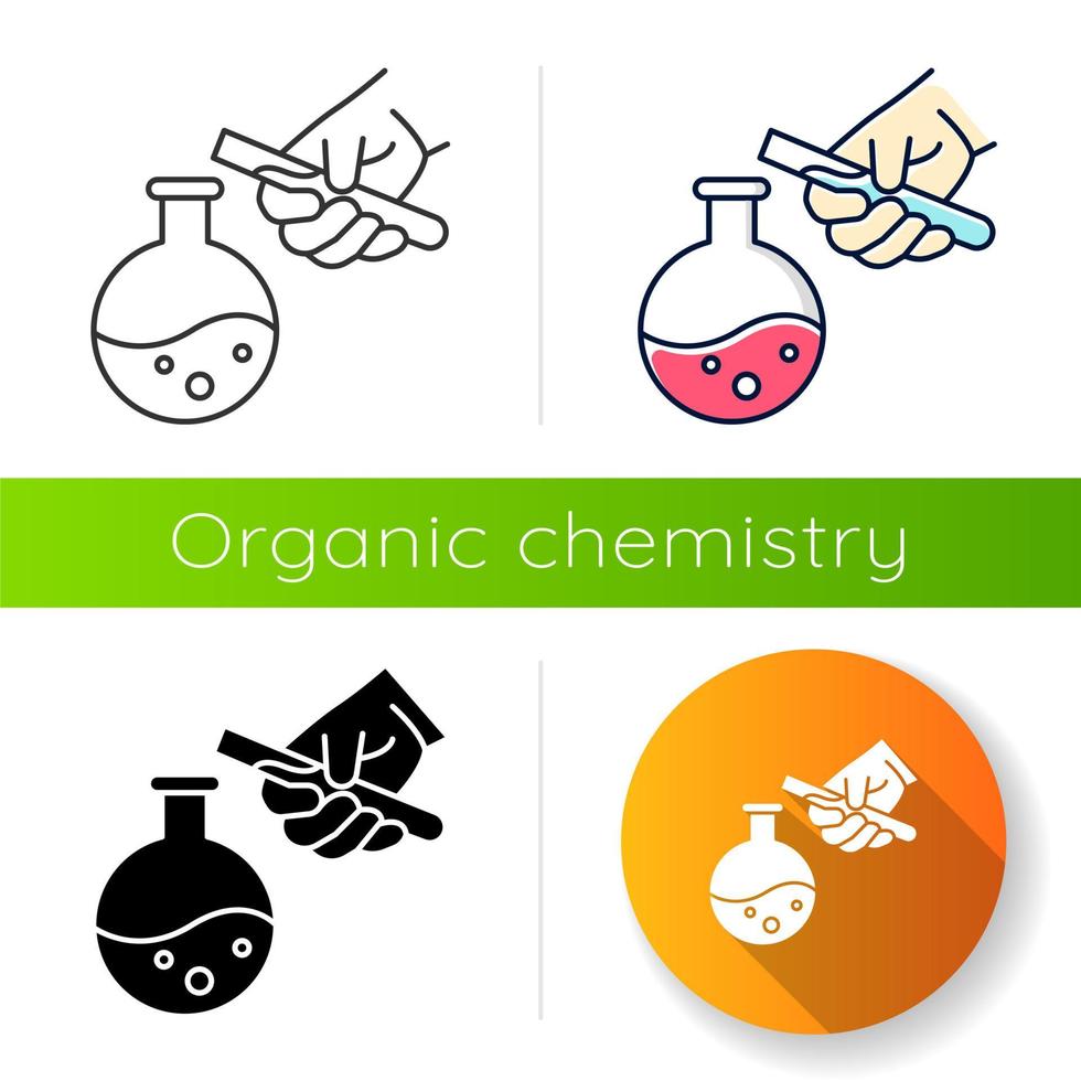 Liquid flask and test tube icon. Organic chemistry. Conducting laboratory experiment. Mixing, adding chemicals. Flat design, linear, black and color styles. Isolated vector illustrationsf