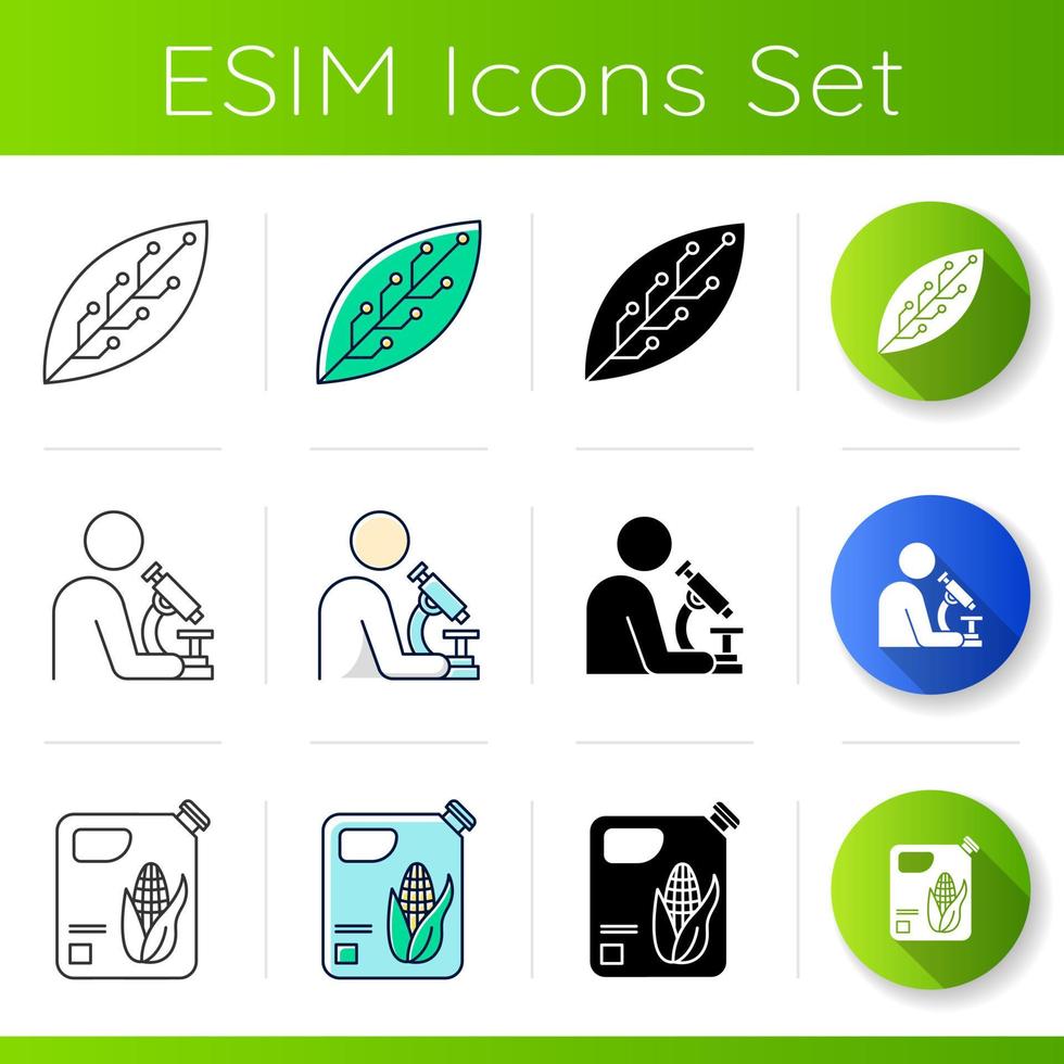 icScience products icons set. Scientist at work. Chemical synthesis. Nanotechnology development. Organic chemistry research. Flat design, linear, black and color styles. Isolated vector illustrations