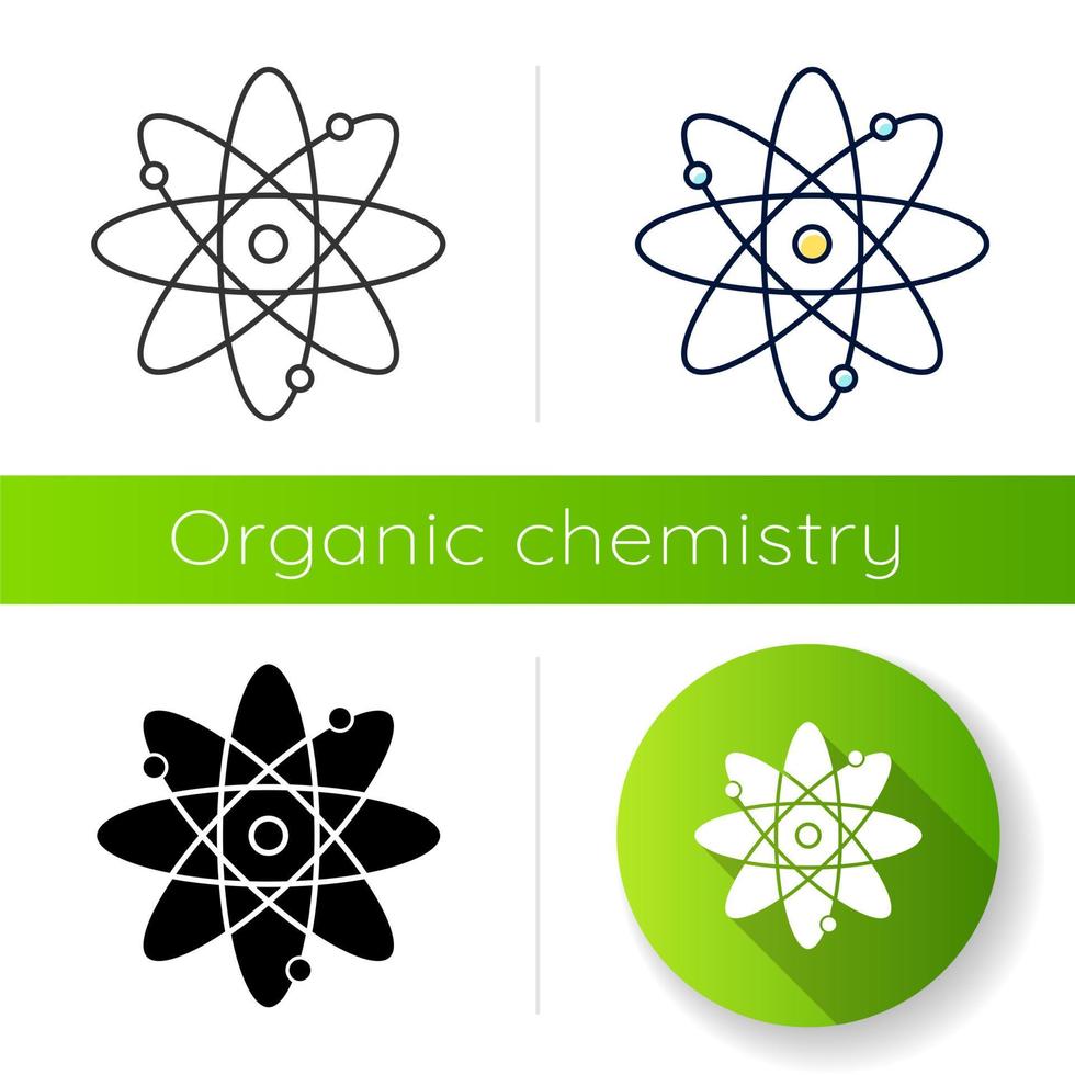 Molecule atom icon. Nuclear energy. Atom core with electrons orbits. Science symbol. Model of particle. Organic chemistry. Flat design, linear, black and color styles. Isolated vector illustrations