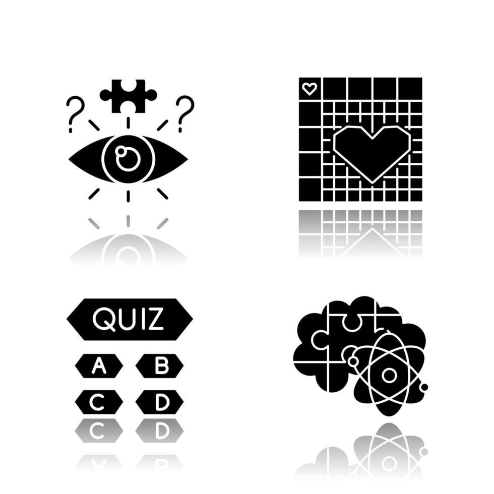 acertijos y acertijos soltar sombra conjunto de iconos de glifos negros. cuestionario de trivia. nonograma. juegos de lógica. proceso de resolución de problemas. ejercicio mental. desafío. acertijos visuales. ilustraciones vectoriales aisladas vector