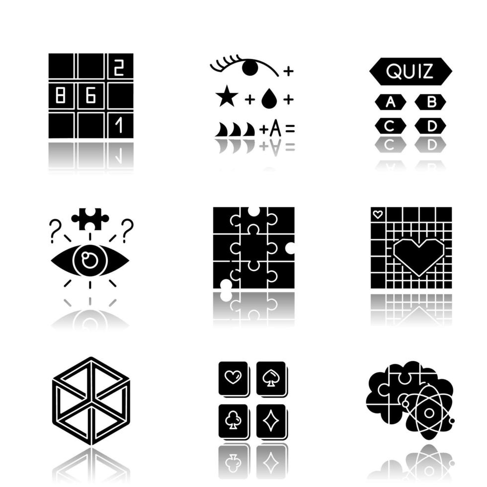 Puzzles and riddles drop shadow black glyph icons set. Sudoku. Trivia quiz. Nonogram. Optical illusion. Jigsaw. Logic games. Mental exercise. Challenge. Brain teaser. Isolated vector illustrations