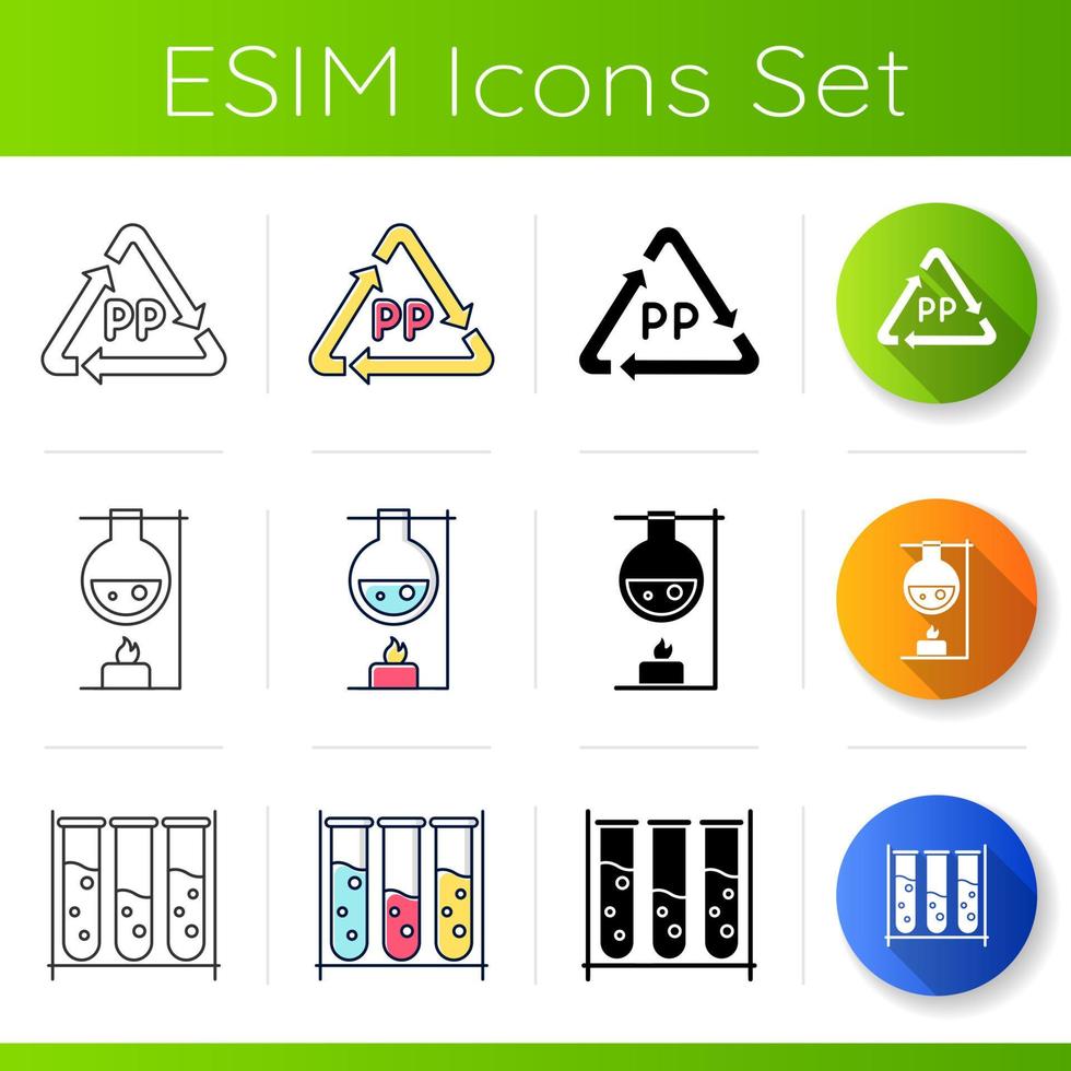 Science experiments icons set. Chemical reaction. Laboratory flask, test tubes. Organic chemistry research. Flat design, linear, black and color styles. Isolated vector illustrations
