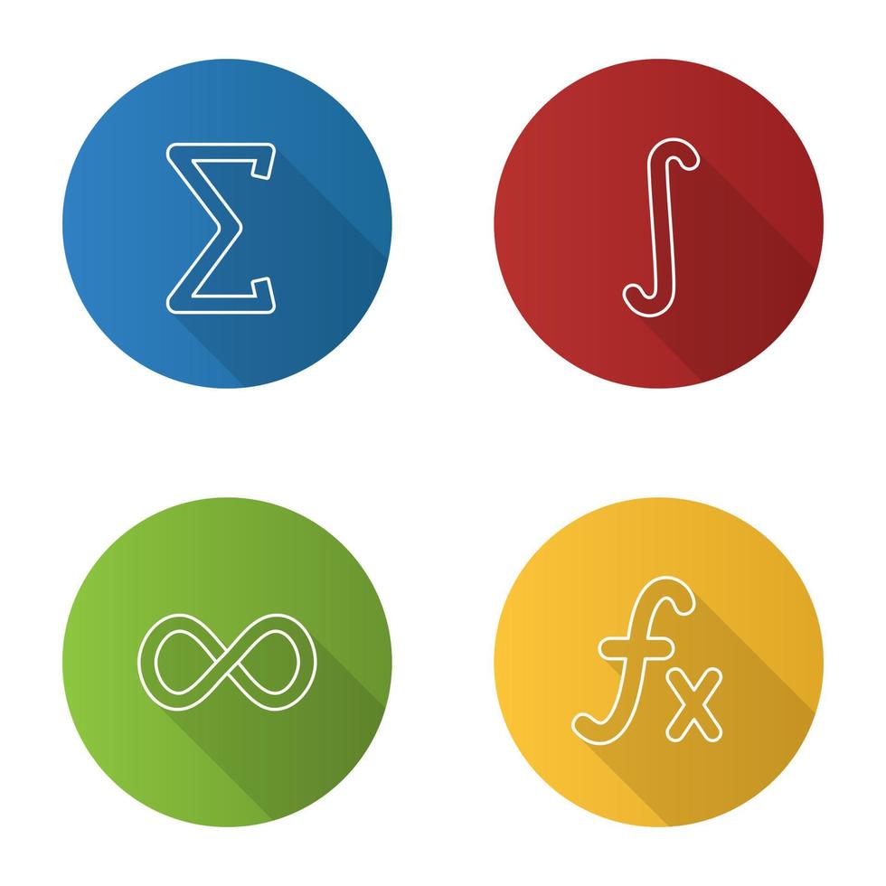 Mathematics flat linear long shadow icons set. Sigma, integral, infinity sign, function. Vector outline illustration