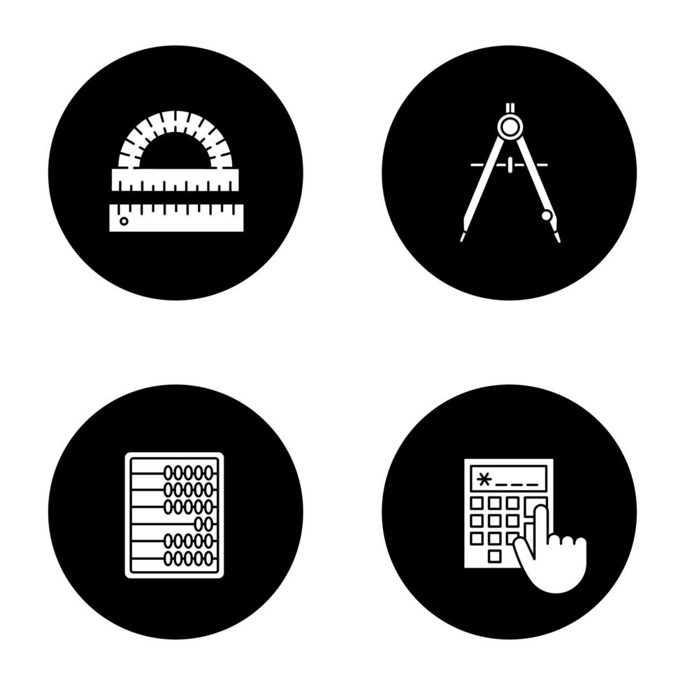 Mathematics glyph icons set. Protractor, ruler, drawing compass, abacus, calculator. Vector white silhouettes illustrations in black circles