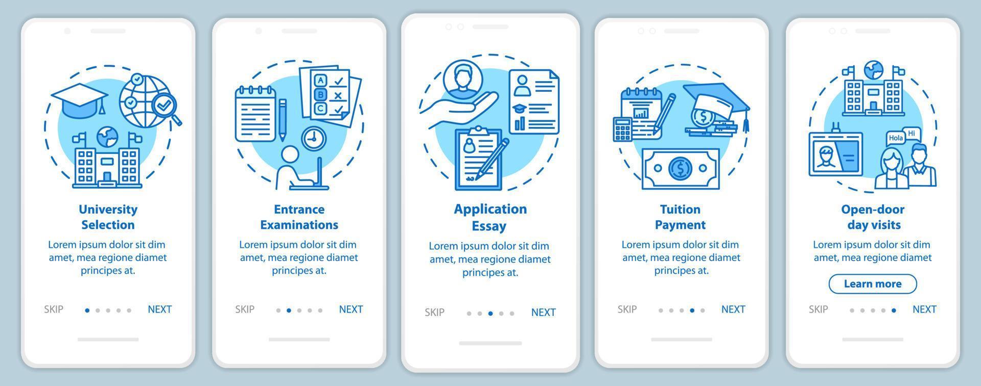 University entrance onboarding mobile app page screen vector template. Tuition payment. Essay, exam. Walkthrough website steps with linear illustrations. UX, UI, GUI smartphone interface concept