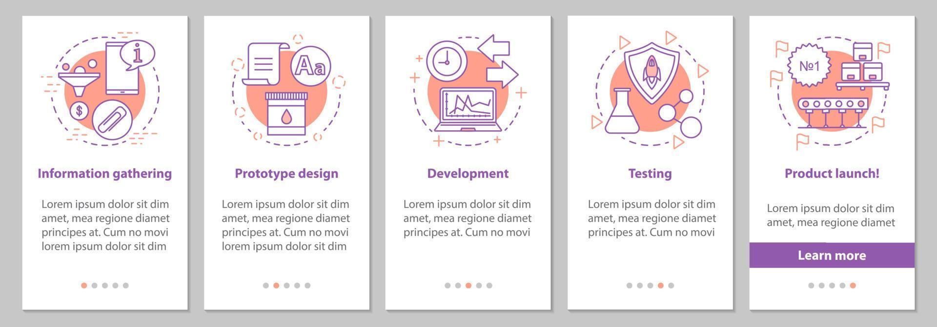 New product launch onboarding mobile app page screen with linear concepts. Manufacturing process steps graphic instructions. UX, UI, GUI vector template with illustrations