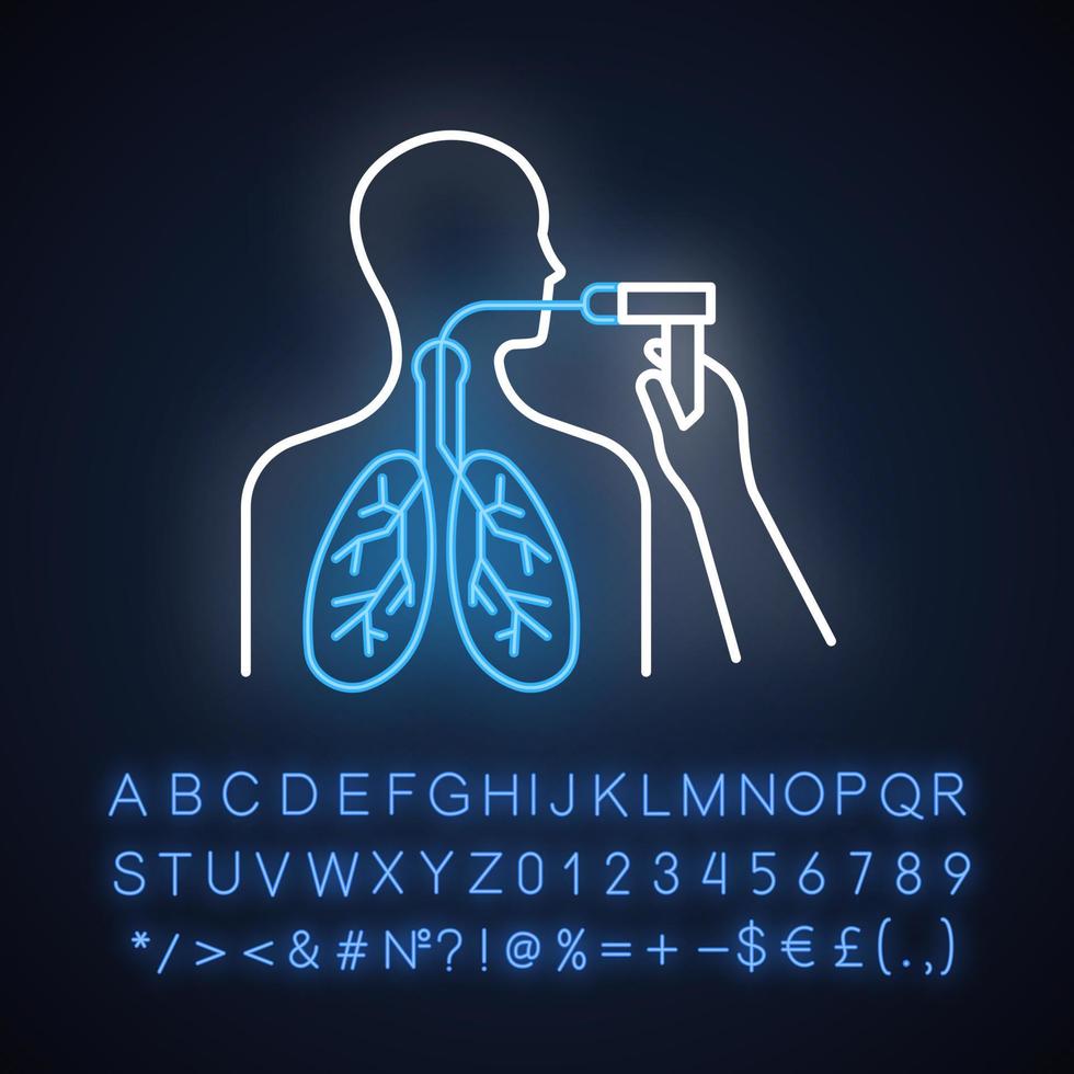 icono de luz de neón de broncoscopia. control de las vías respiratorias. examen pulmonar. procedimiento médico. endoscopia de tórax. diagnóstico de enfermedades. signo brillante con alfabeto, números y símbolos. vector ilustración aislada