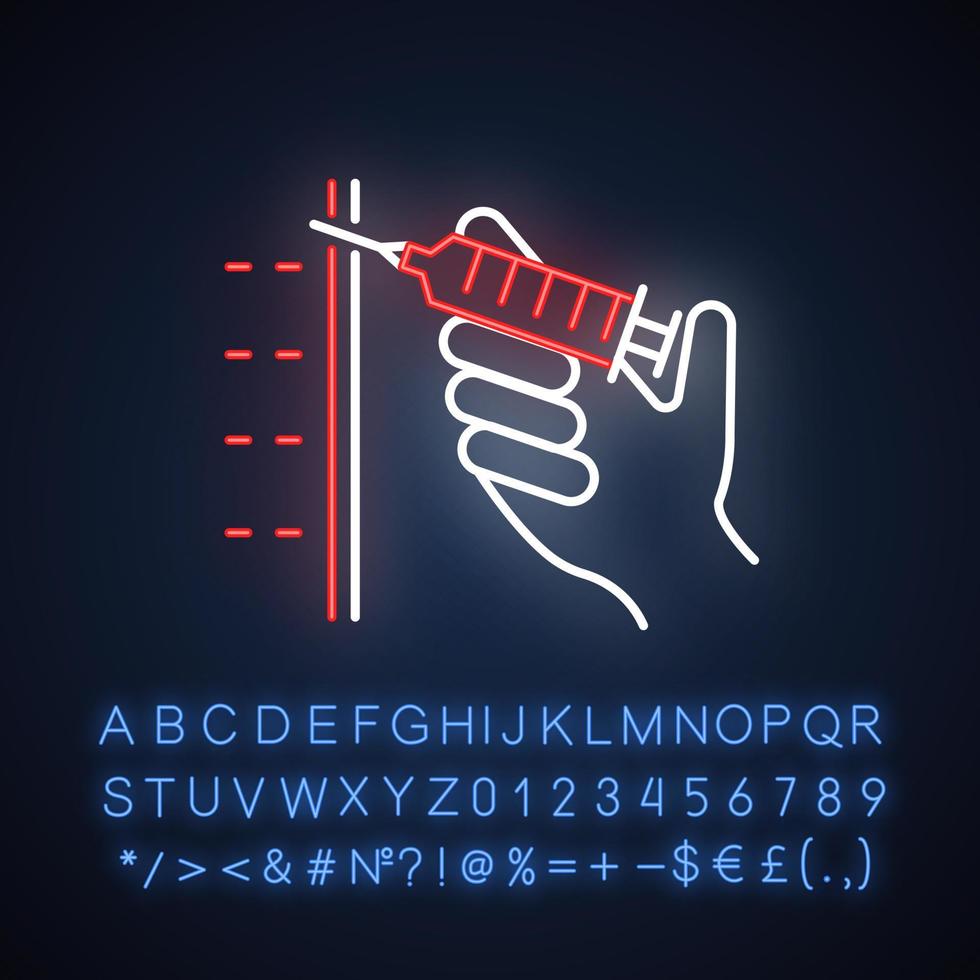 Injection neon light icon. Syringe with vaccine. Immunization. Medical procedure. Disease prevention. Cosmetical filler. Glowing sign with alphabet, numbers and symbols. Vector isolated illustration