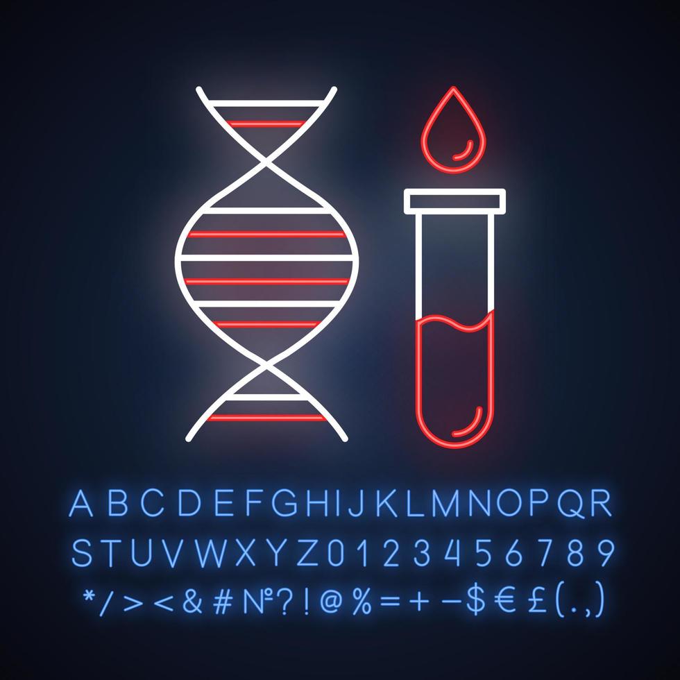 Genetic testing neon light icon. DNA examination. Blood in vial. Medical procedure. Biochemistry. Chromosome, gene helix. Glowing sign with alphabet, numbers and symbols. Vector isolated illustration