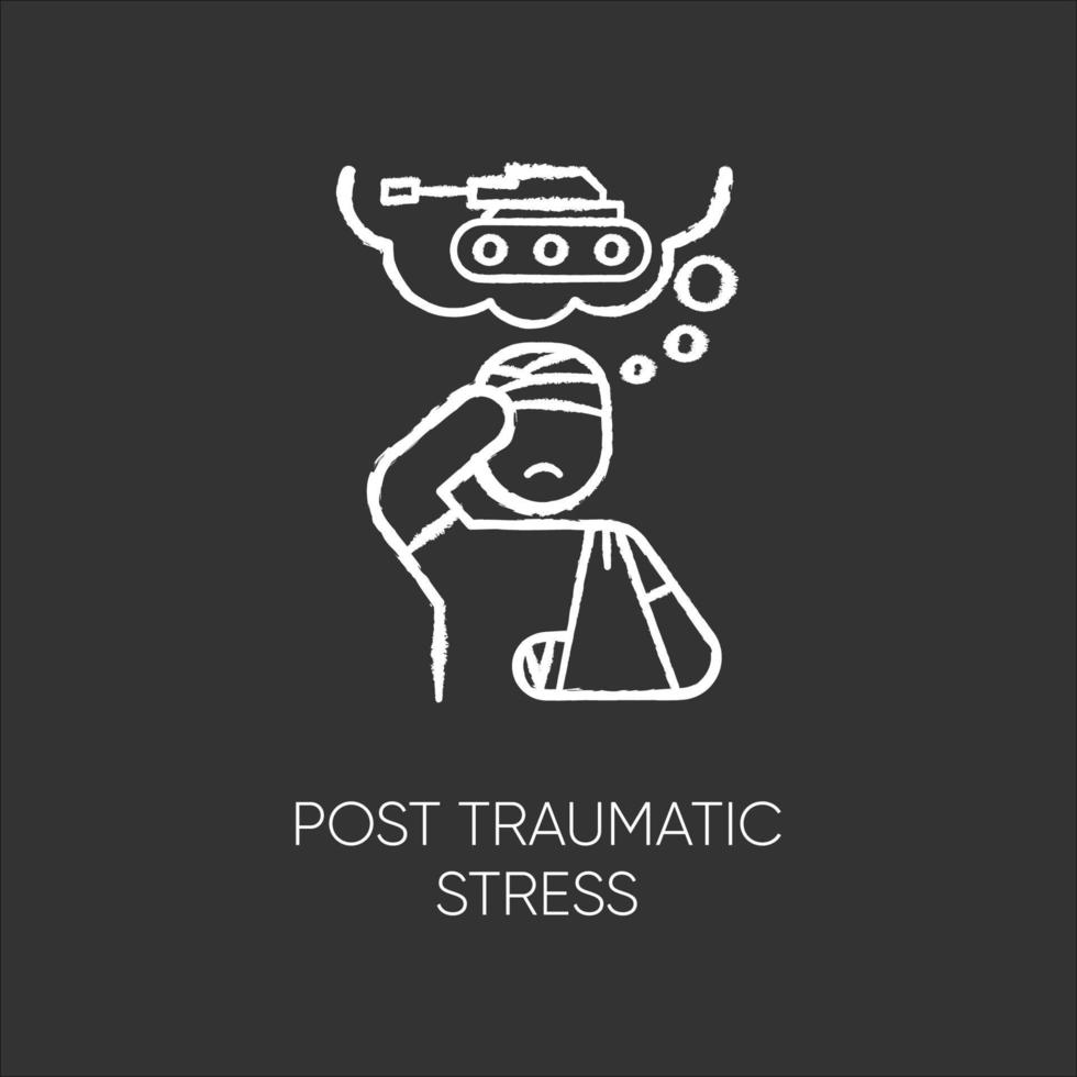 Post-traumatic stress chalk icon. Veteran with anxiety. Depressed soldier. Loneliness and sorrow. Distress thoughts of war. PTSD psychotherapy. Mental disorder. Isolated vector chalkboard illustration