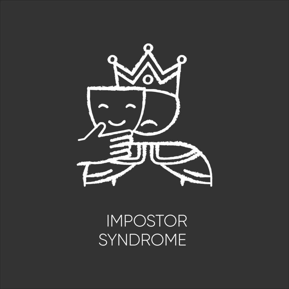 Impostor syndrome chalk icon. Sad man with smile mask. Fraud, doubt. Impostorism experience. Hypocrisy. Jester disguise. Psychological problem. Mental issue. Isolated vector chalkboard illustration