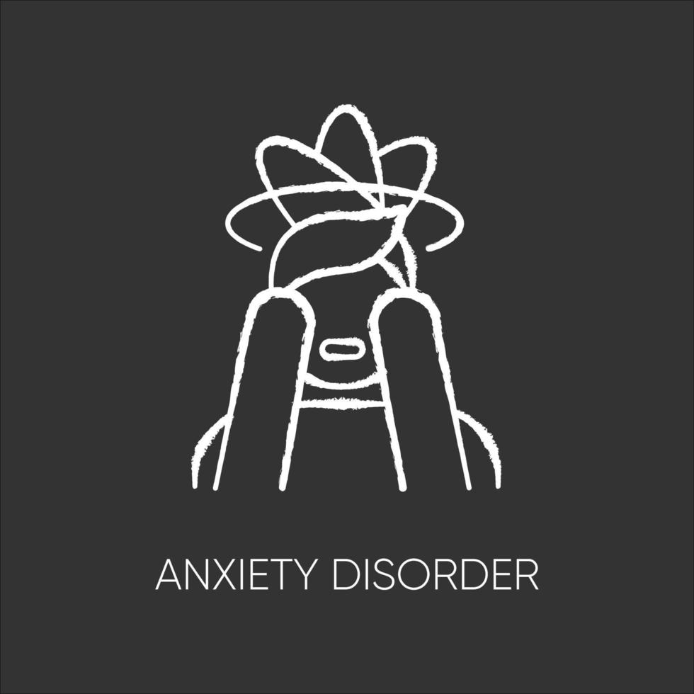 Anxiety disorder chalk icon. Fear and worry. Depressed man. Panic attack. Distress. Headache, migraine. Confused thoughts. Mental problem. Stress and tension. Isolated vector chalkboard illustration
