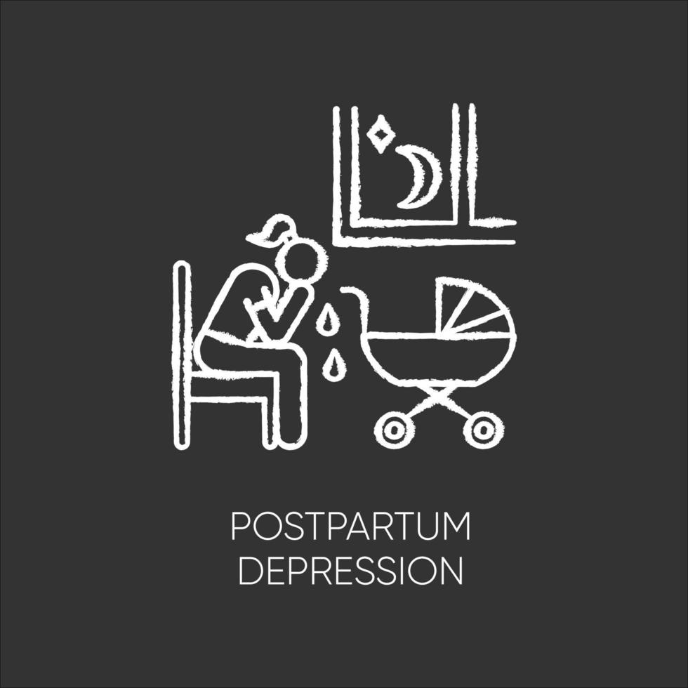 Postpartum depression chalk icon. Crying woman. Delivering infant. Stress and anxiety. Exhaustion and insomnia. Tired mother. Mental problem. Postnatal anxiety. Isolated vector chalkboard illustration