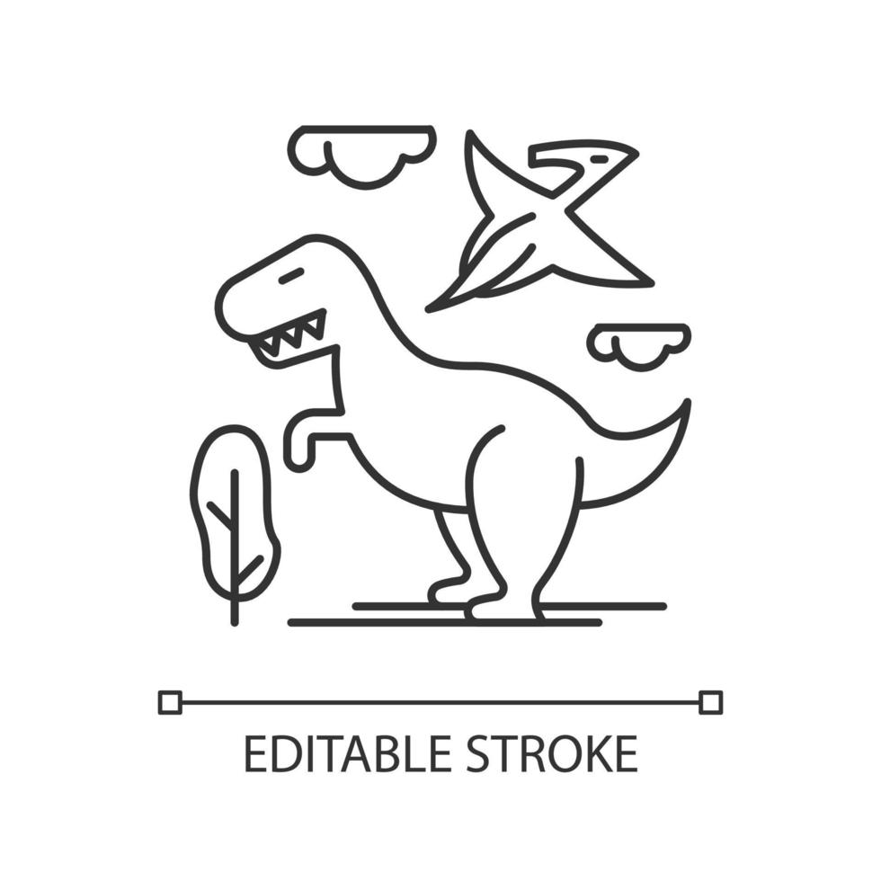 Dinosaurs linear icon. Prehistoric animals. Tyrannosaurus rex. Flying pterodactyl. Archeology and history. Thin line illustration. Contour symbol. Vector isolated outline drawing. Editable stroke