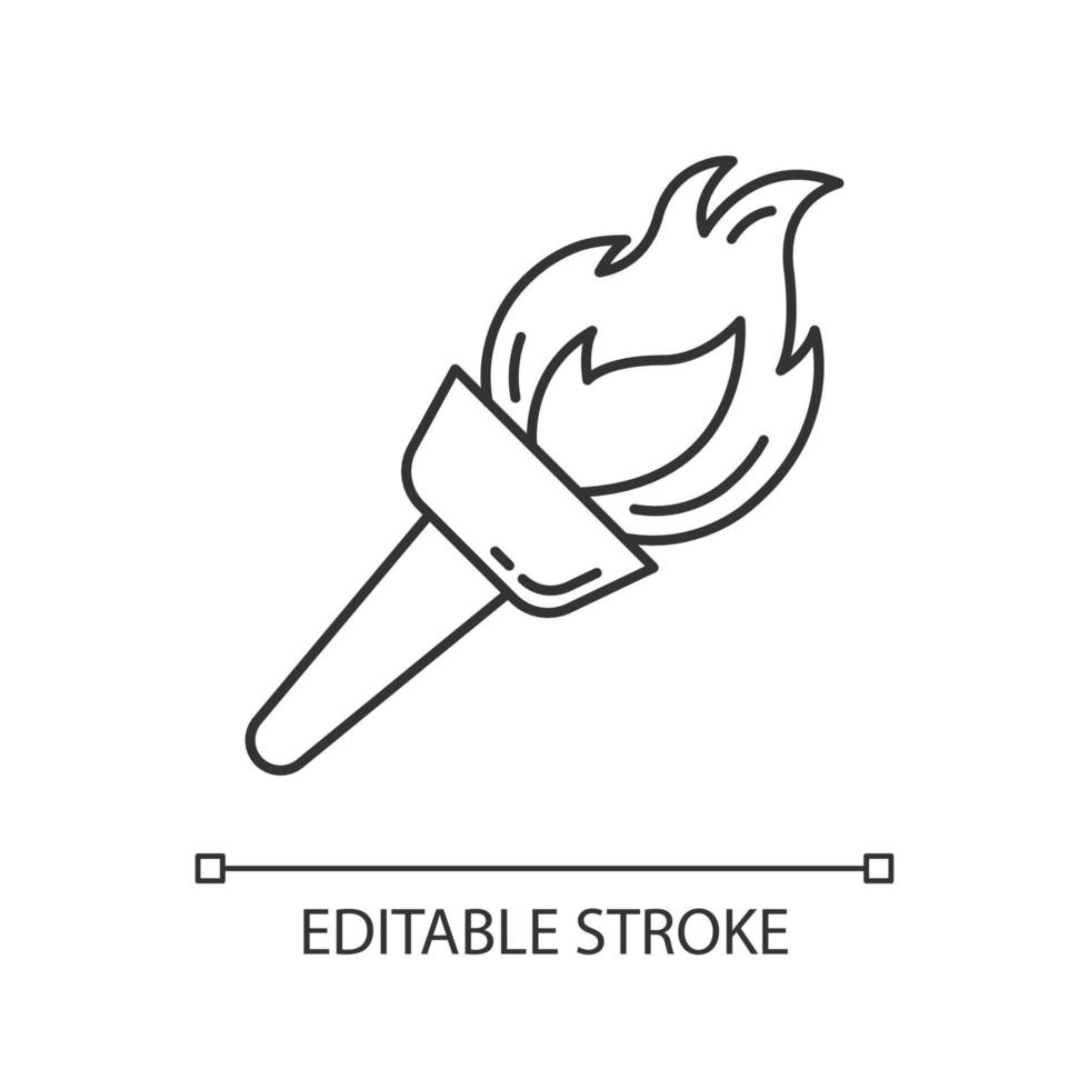 Medieval torch linear icon. Flambeau. Burning fire. Beacon. Flare, bonfire. Ancient olympic sport victory. Thin line illustration. Contour symbol. Vector isolated outline drawing. Editable stroke