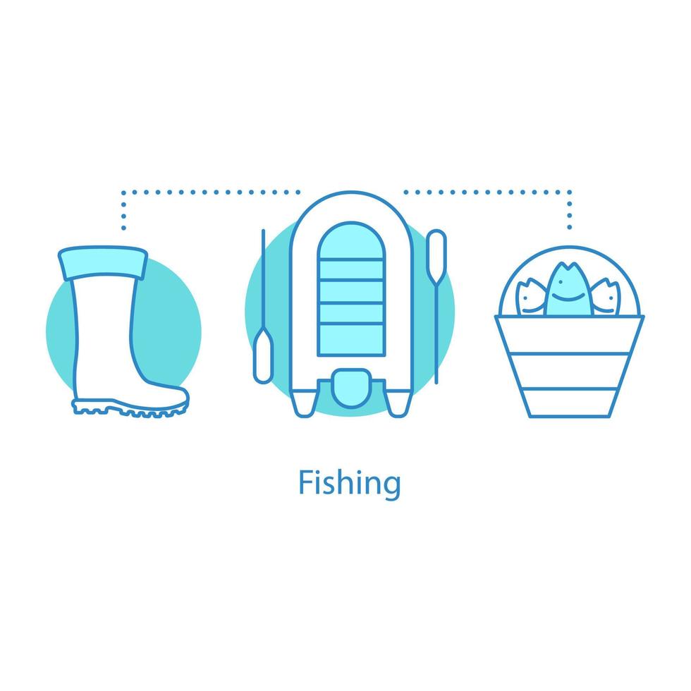 Fishing concept icon. Angling gear idea thin line illustration. Gumboots, boat, bucket with fish. Vector isolated outline drawing