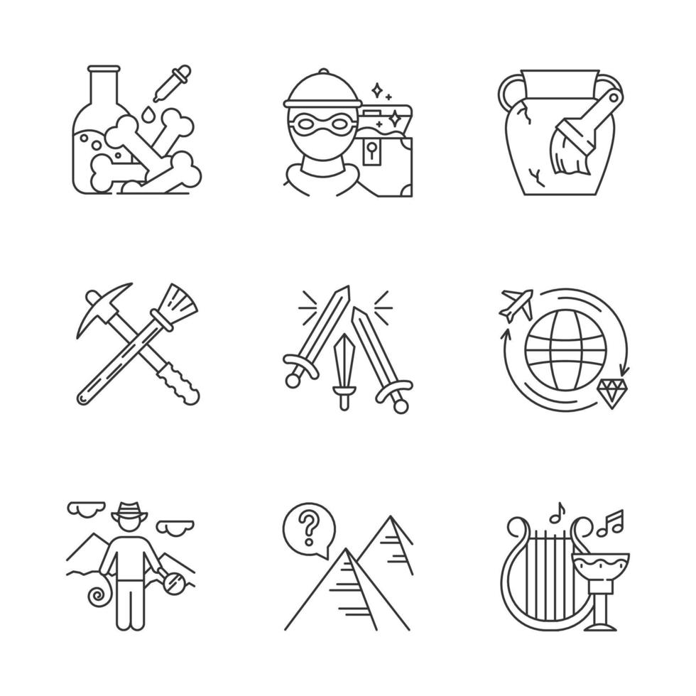 Archeology linear icons set. Lab research. Marauding. Artifact restoration. Swords. Treasure hunt. Pyramid mystery. Thin line contour symbols. Isolated vector outline illustrations. Editable stroke