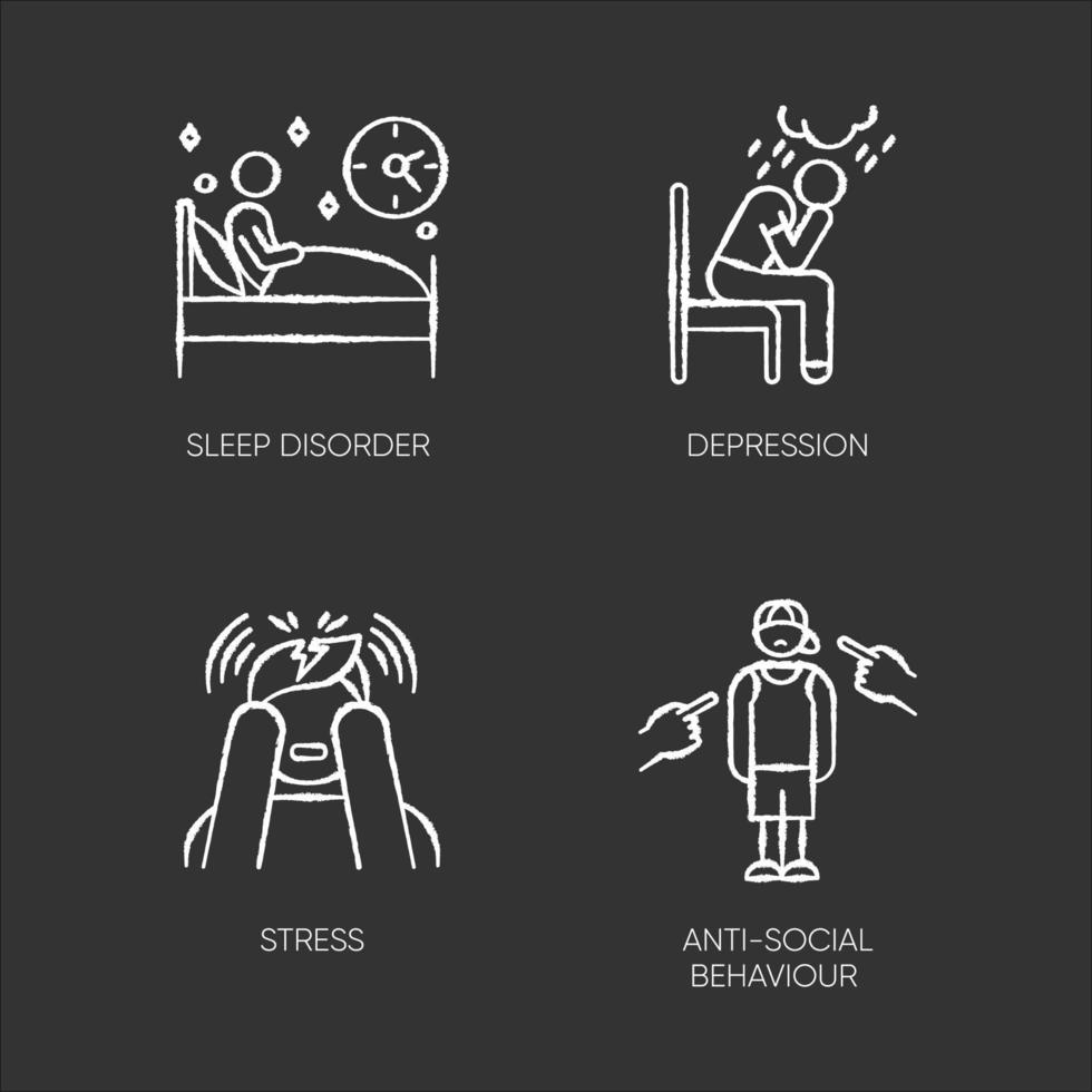 Mental disorder chalk icons set. Sleep deprivation. Depression and anxiety. Stress. Anti-social behaviour. Migraine. Teenager harassment and bullying. Isolated vector chalkboard illustrations