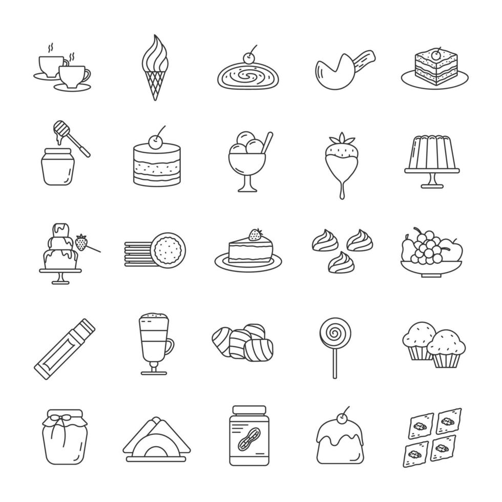 Confectionery linear icons set. Thin line contour symbols. Coffee house menu. Sweets, cakes, hot drinks, desserts. Isolated vector outline illustrations