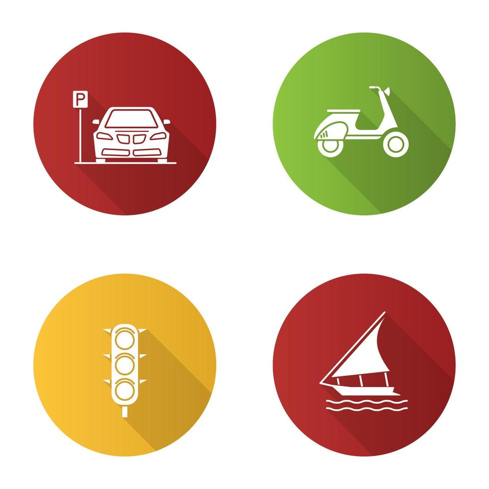 Conjunto de iconos de glifo de larga sombra de diseño plano de transporte público. modos de transporte. zona de estacionamiento, scooter, semáforo, velero. ilustración de silueta de vector